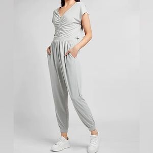Express silky sueded jersey ruched front lounge jumpsuit